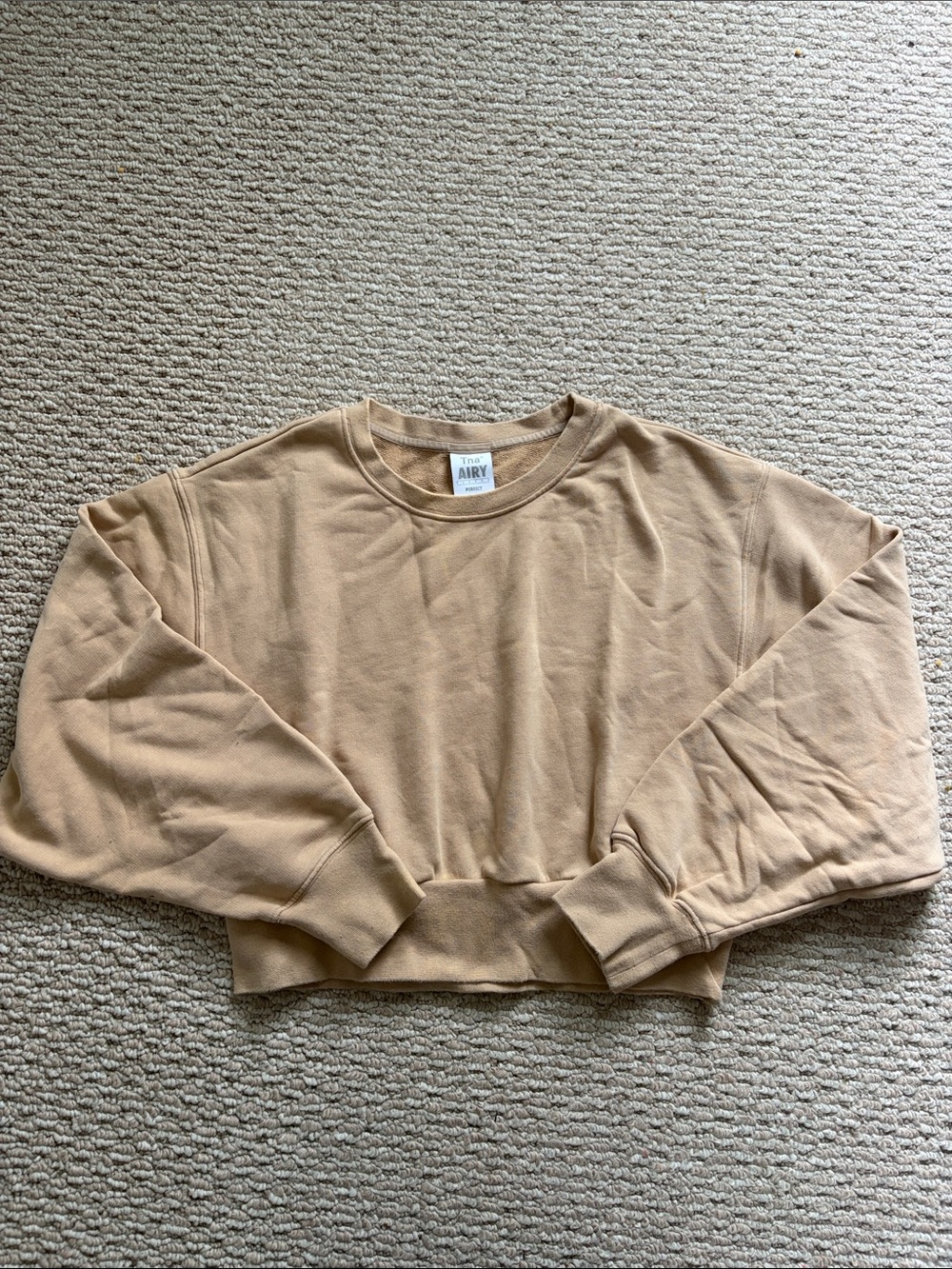 TNA Cropped Crewneck Sweater in Beige as is (spots of ink on rt arm)